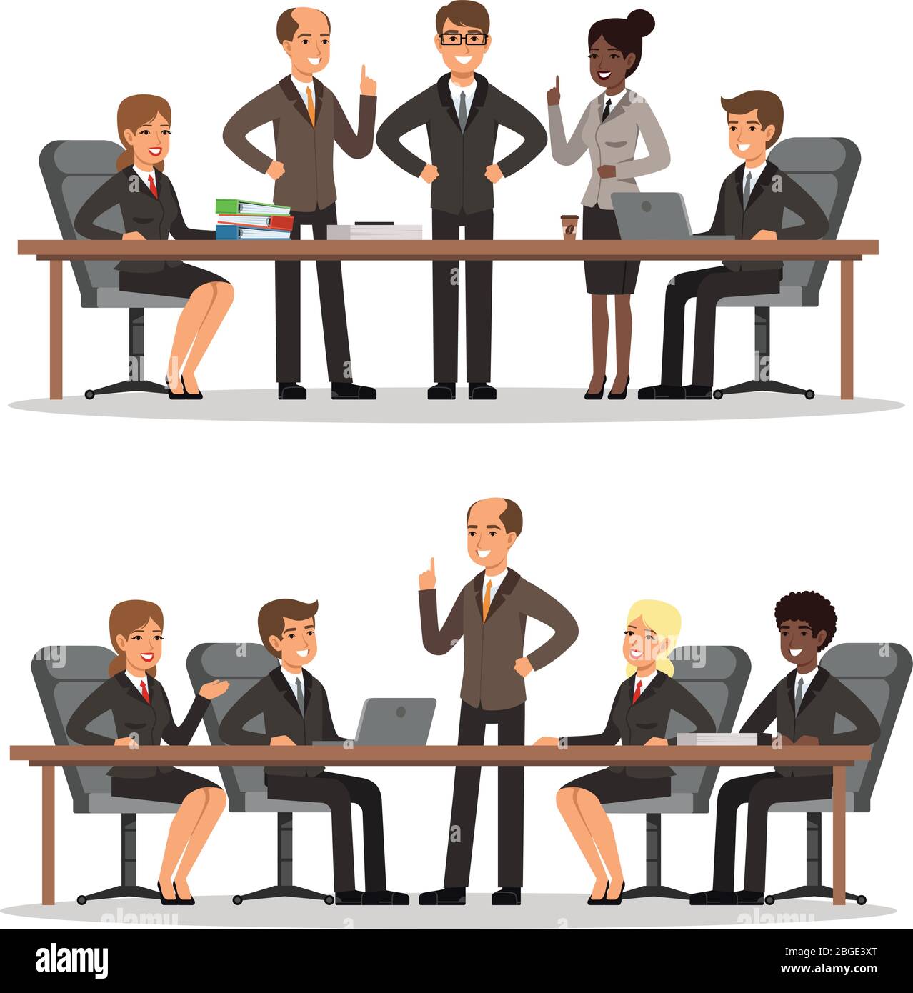 Business character at the table in conference hall. Man and woman in rich costume. Vector illustrations set Stock Vector