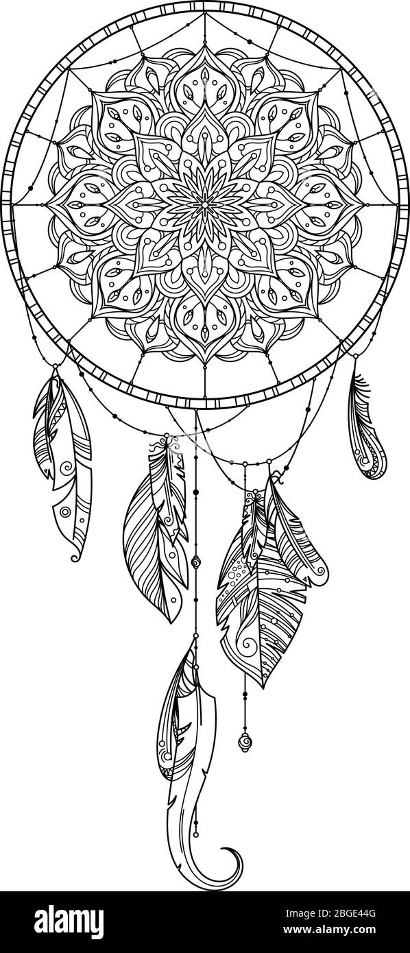 Hand drawn dreamcatcher with feather of birds. Vector illustration Stock Vector