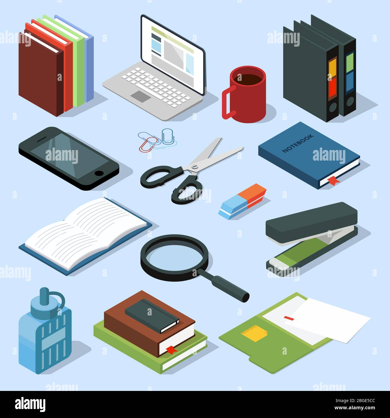 3d office equipment isometric set. Books, folders, pencils and other
