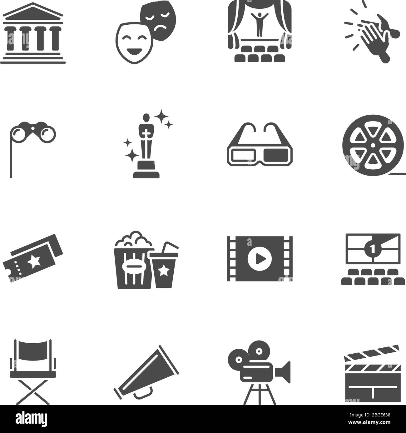 Hollywood movie, theater performance and entertainment vector icons. Camera movie, popcorn and chair illustration Stock Vector