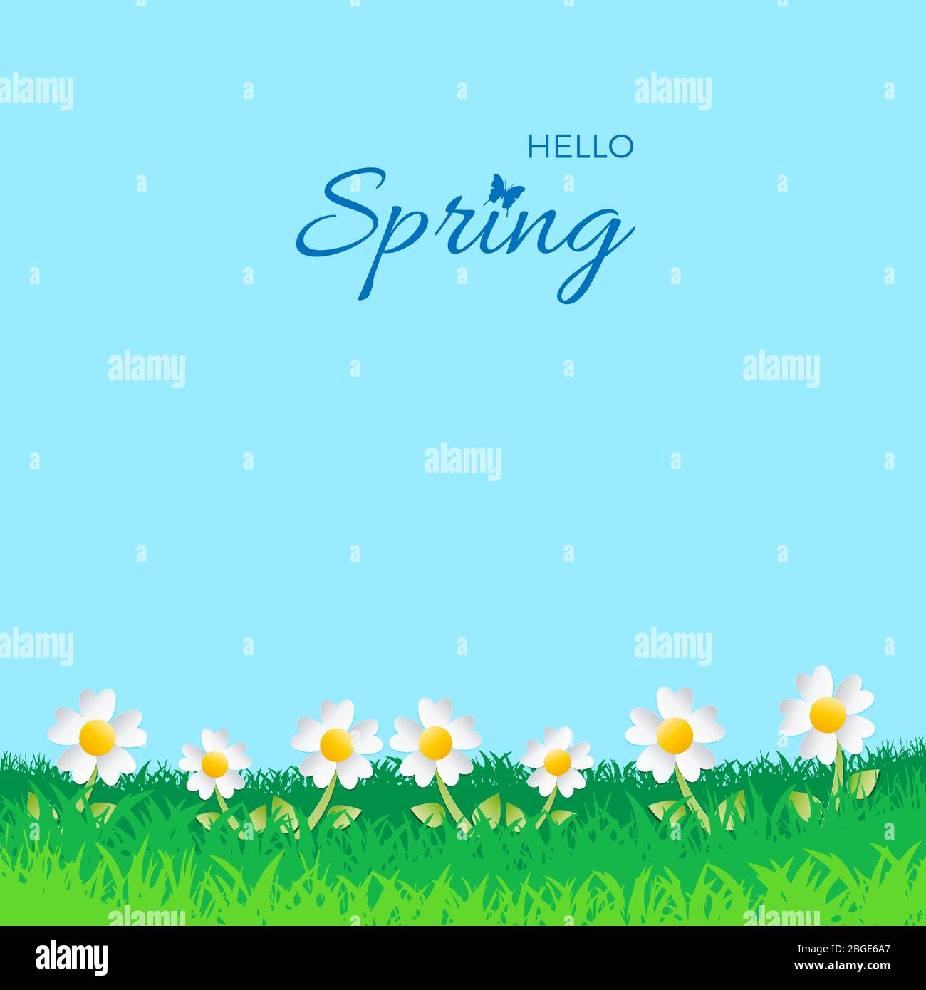 Spring design background. Card for spring season with frame and flowery field. Vector illustration for cover or poster Stock Vector