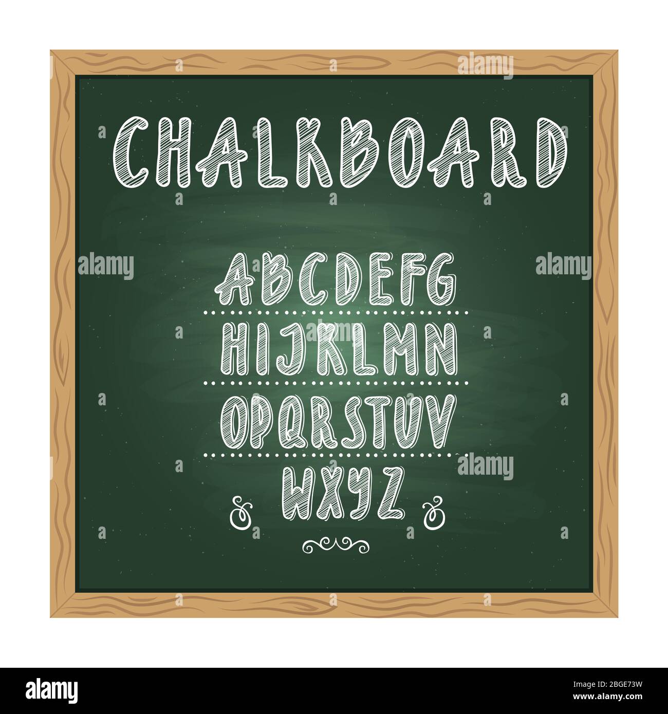 Antique child school chalkboard with green texture and hand writing alphabet on it. Vector doodle writing letters Stock Vector