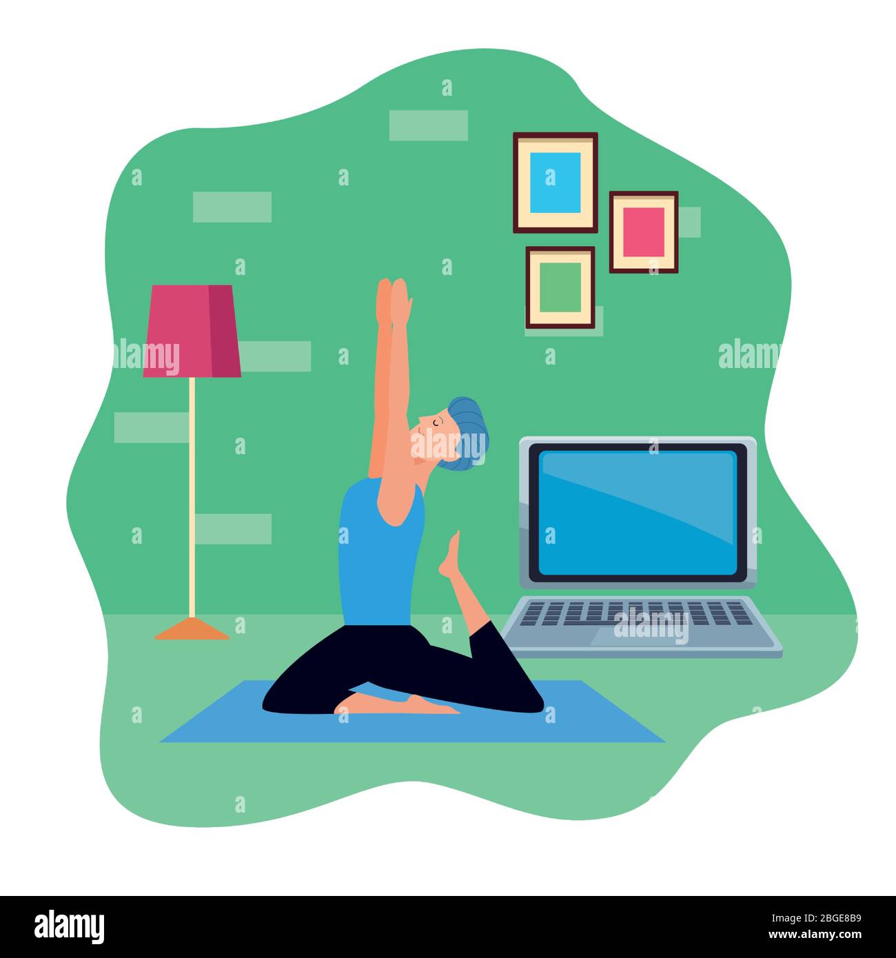 young man practicing online yoga for quarantine Stock Vector