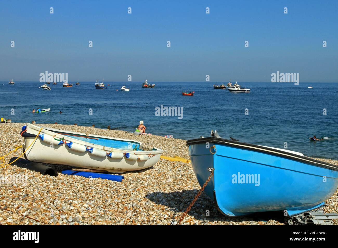 Boats on the beach at Selsey, West Sussex, England. Stock Photo