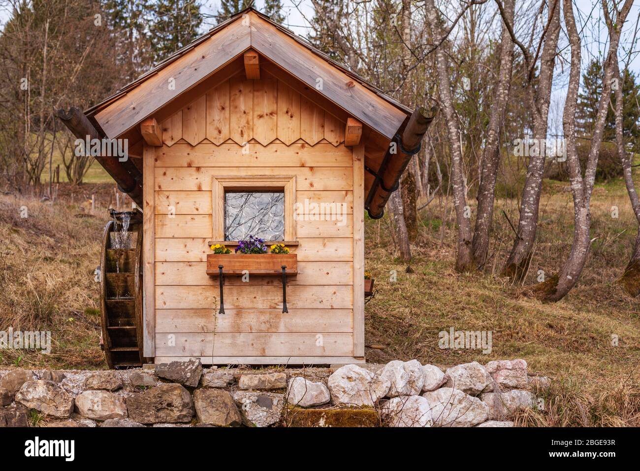 Idyll with water wheel Stock Photo