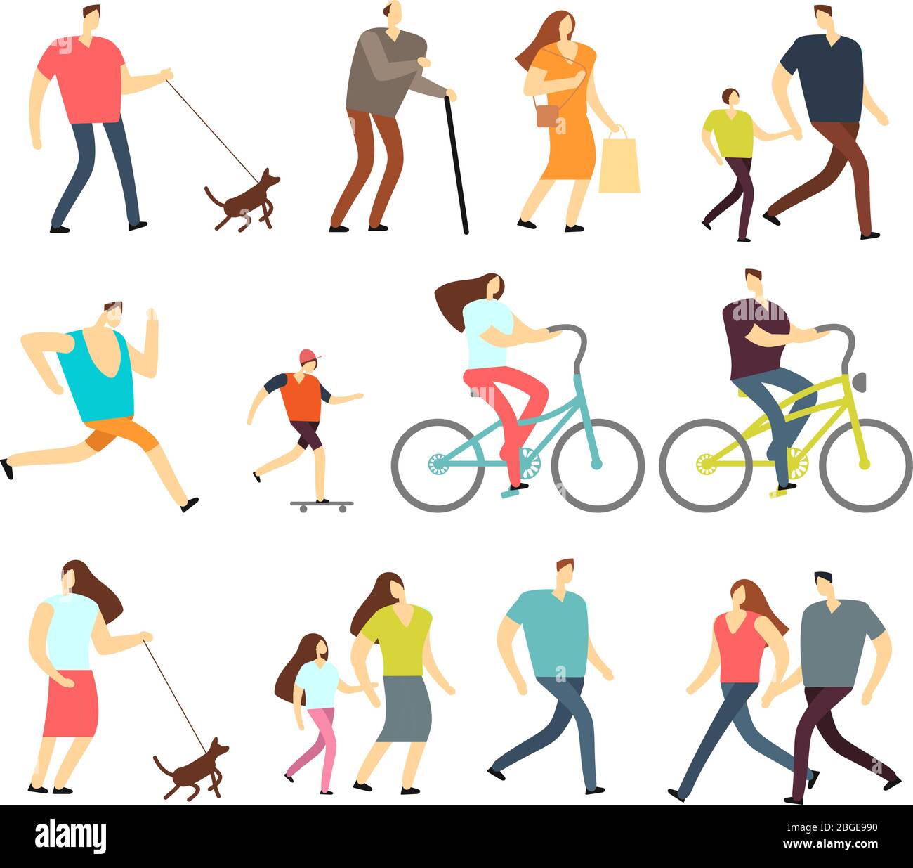 Active people walking, riding bike, running outdoor vector character set. Ride bike and activity lifestyle walking and sport jogging illustration Stock Vector