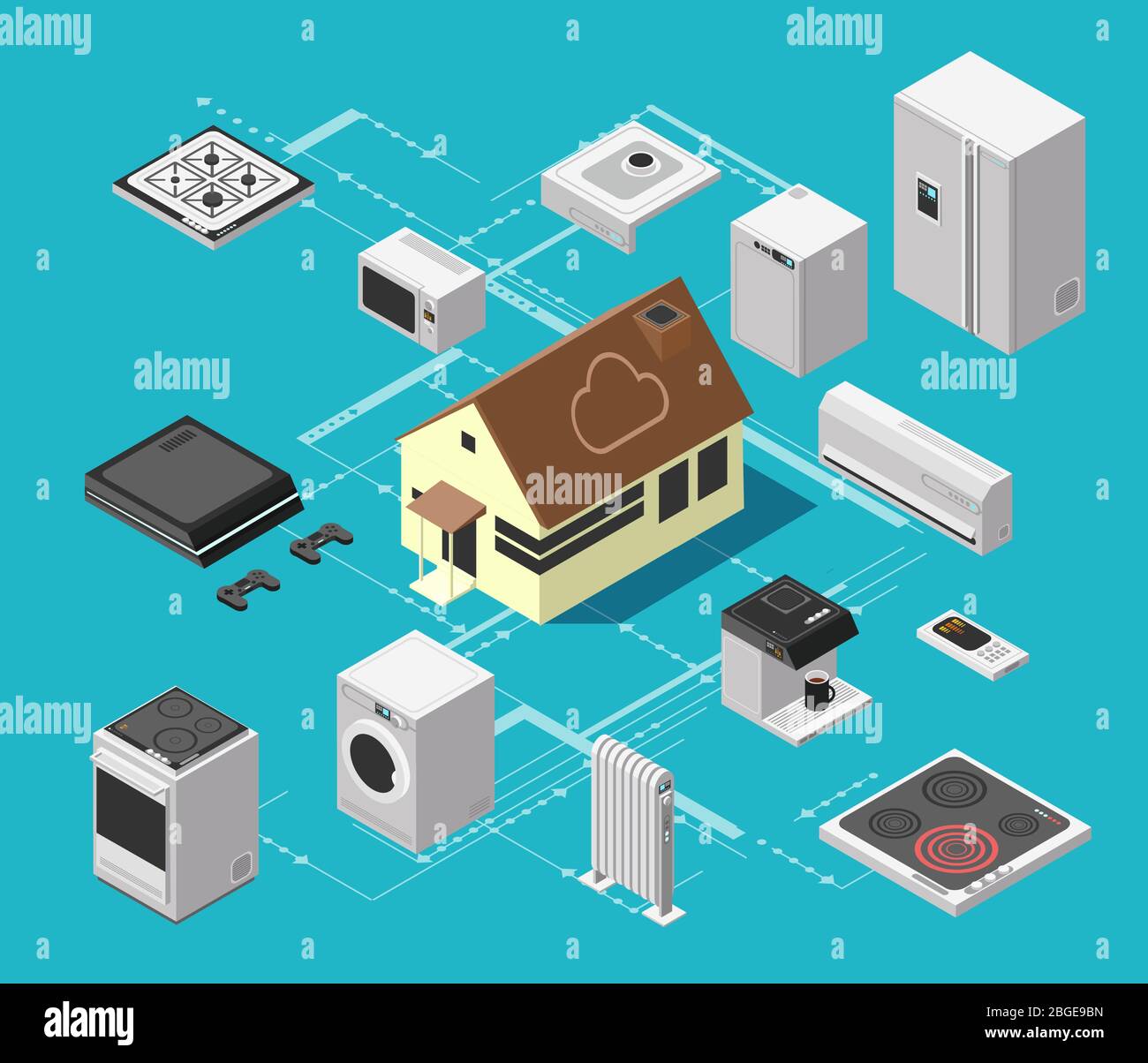 Smart house technology system and wireless electronic equipment isometric vector concept. Device equipment wireless control. Vector illustration Stock Vector