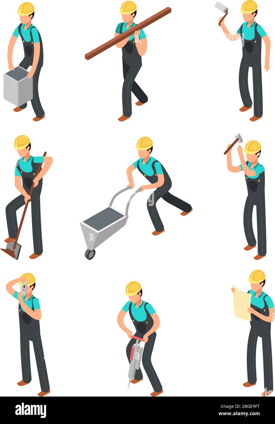 Builder workers, construction professionals isolated 3d people vector set. Worker professional builder, carpenter and workman illustration Stock Vector