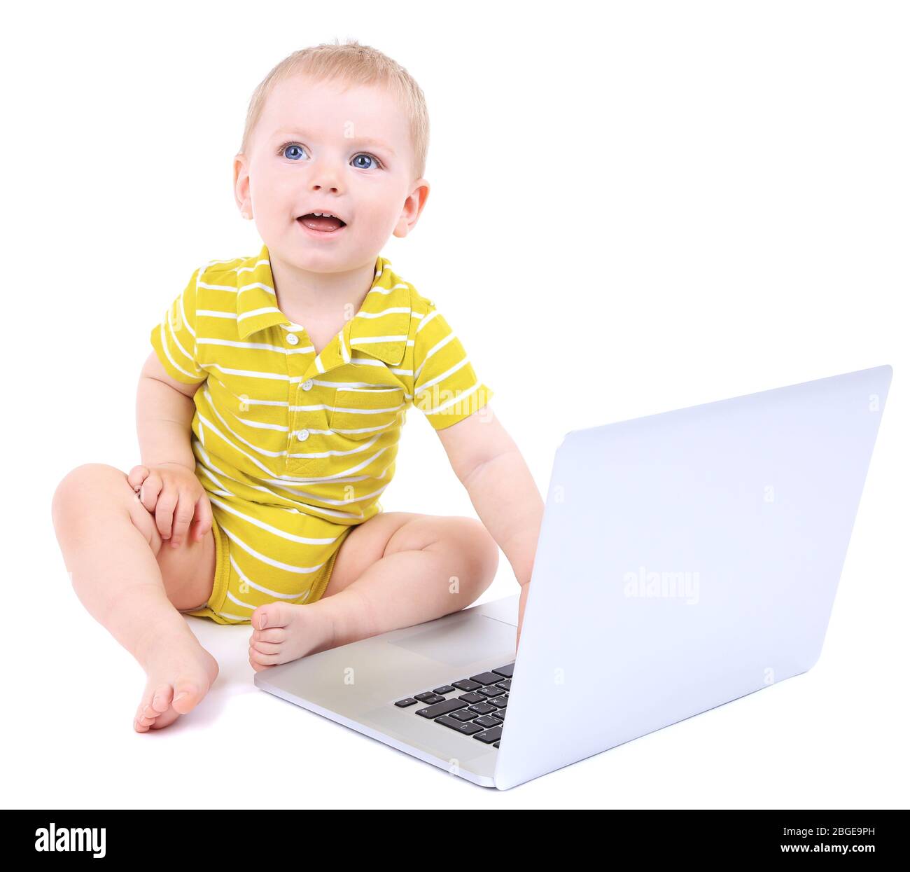 Cute little boy with laptop isolated on white Stock Photo - Alamy