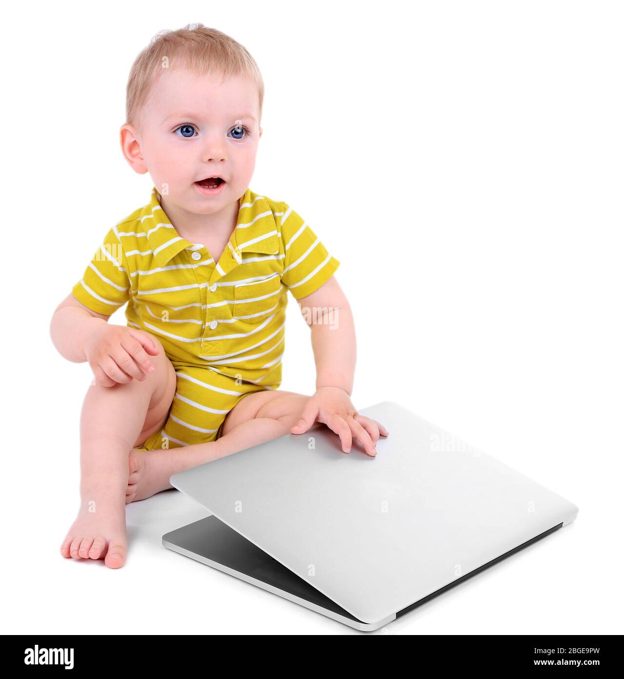 Cute little boy with laptop isolated on white Stock Photo - Alamy