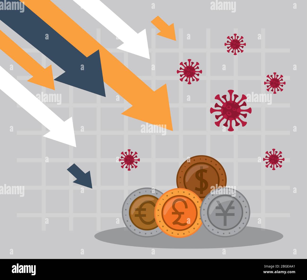 economy and covid19 statistics with arrows and international coins ...