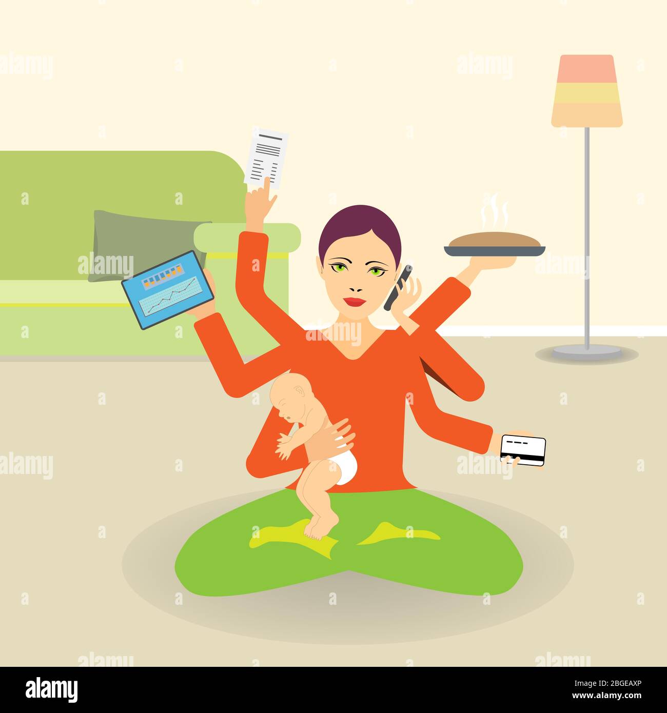 Young woman with six hands doing many activities at the same time: meditating, holding a baby, cooking, talking on the phone, working, buying Stock Vector