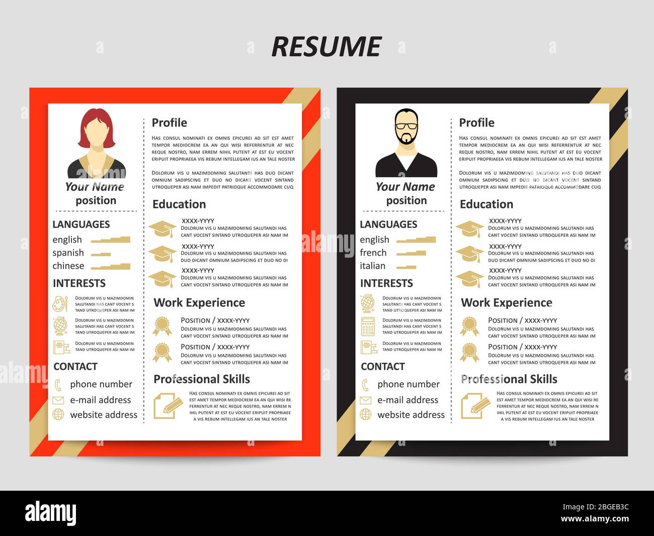 Modern style male and female resume templates with flat elements. Vector illustration Stock Vector