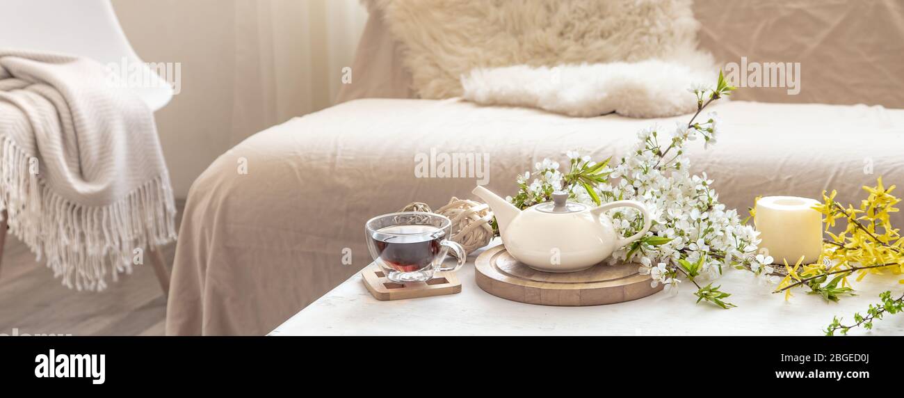Composition with spring flowers in the interior. Stock Photo