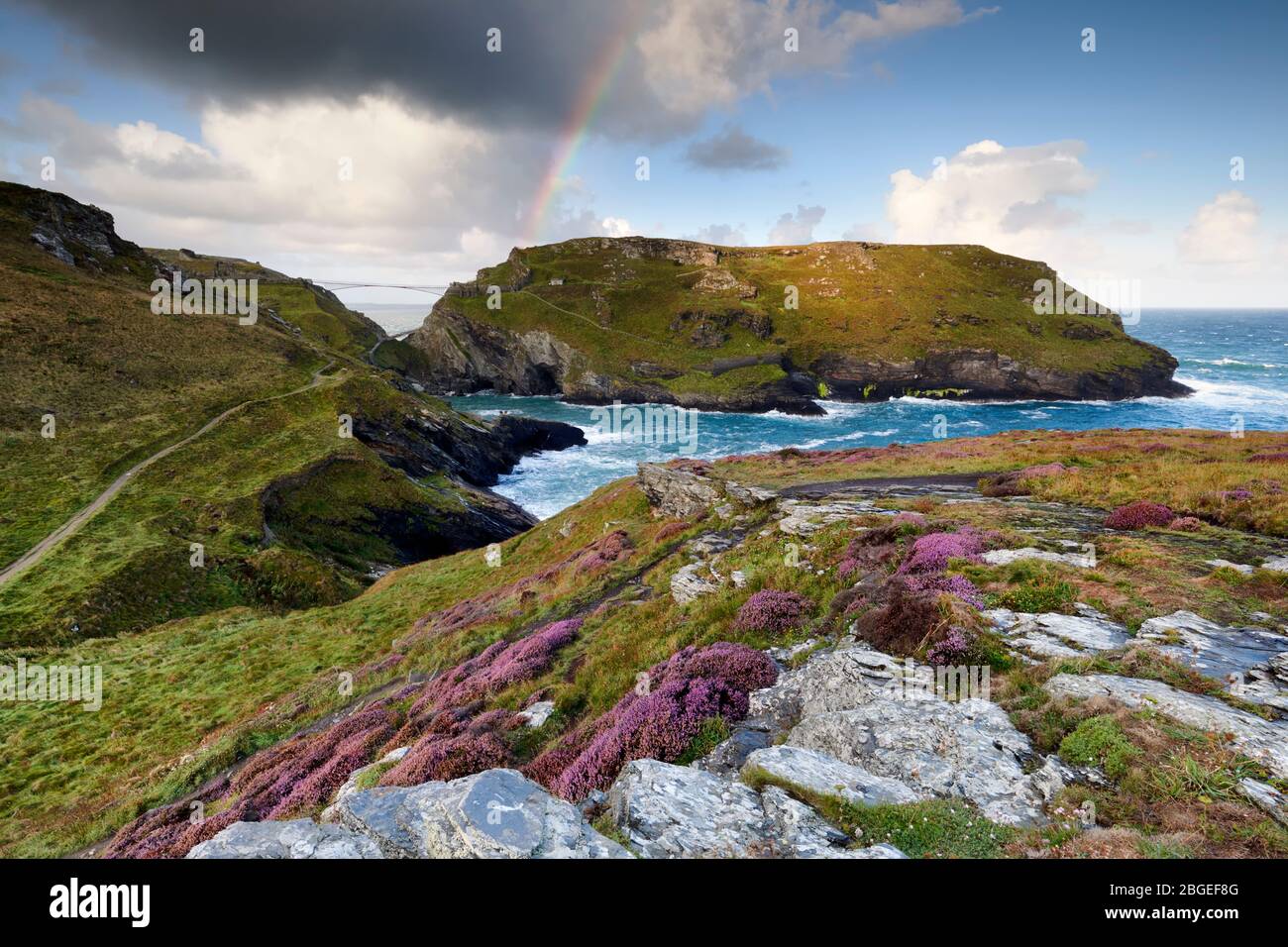 View overlooking Tintagel, connecting the Island with the new bridge crossing. Stock Photo