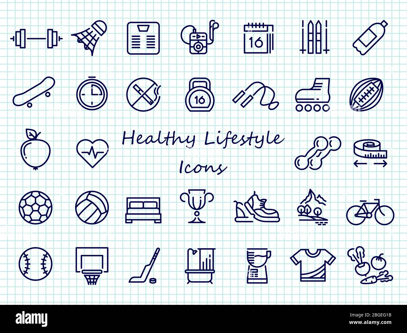 Healthy lifestyle outline icons - big set sport icons. Healthy diet and fitness training, vector illustration Stock Vector