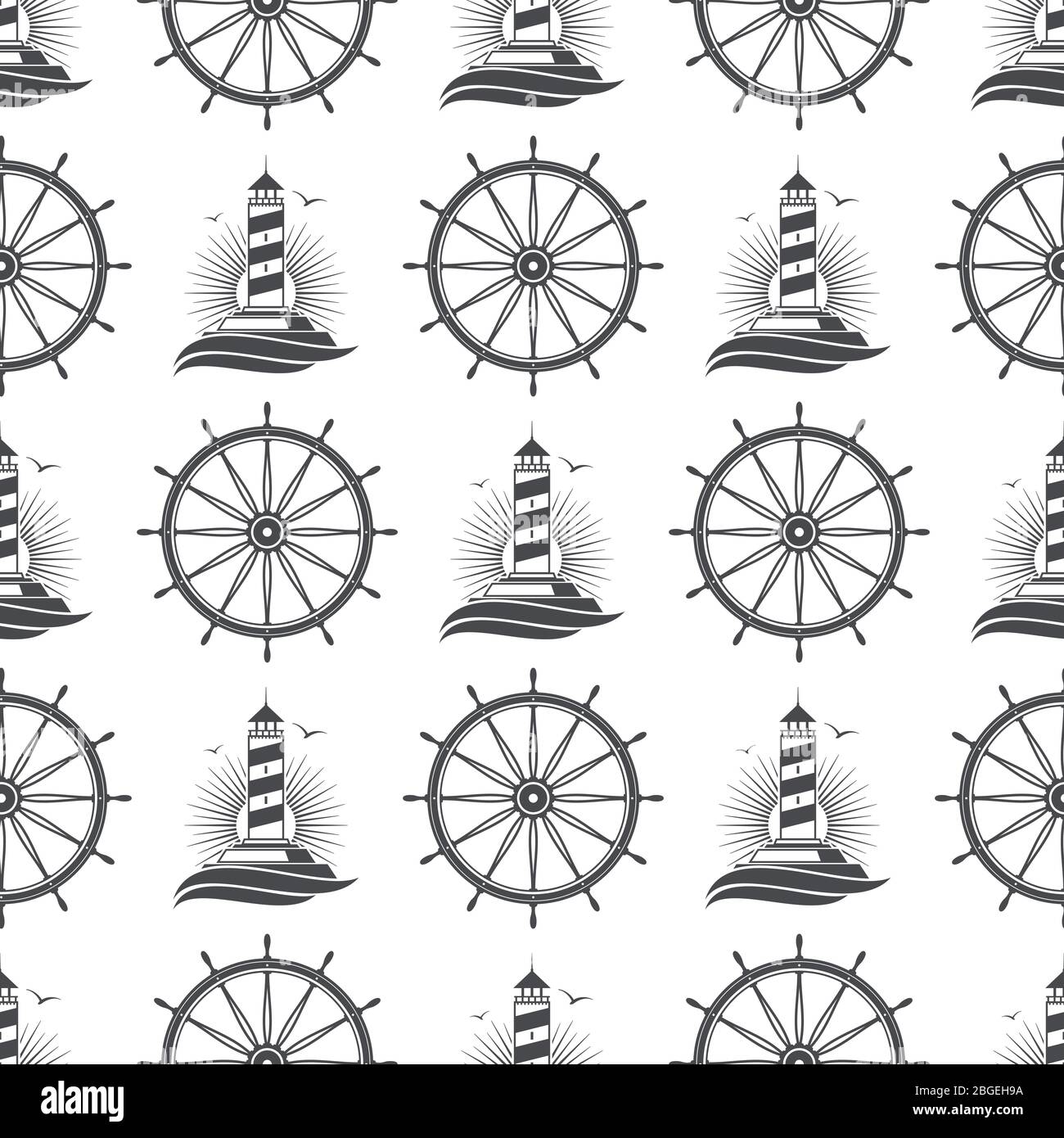 Marine nautical seamless pattern background design with vintage lighthouse and wheel. Vector illustration Stock Vector