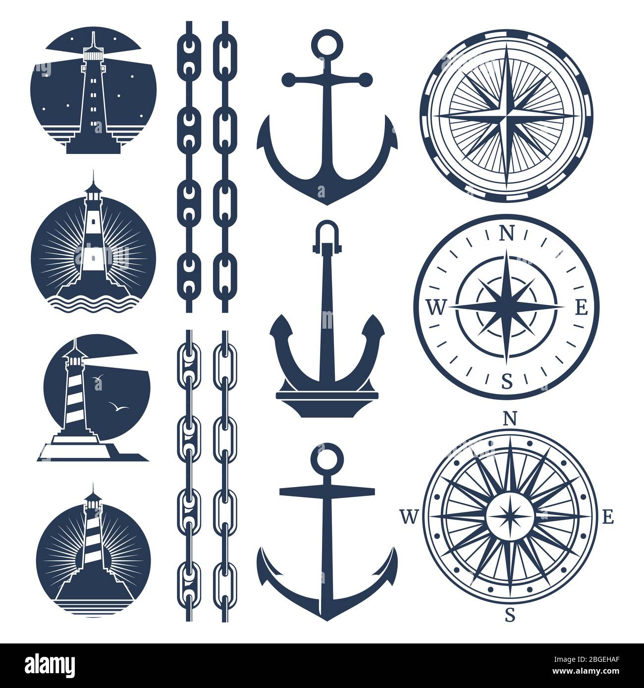 Nautical logos and elements set - compass lighthouses anchor chains. Vector illustration Stock Vector