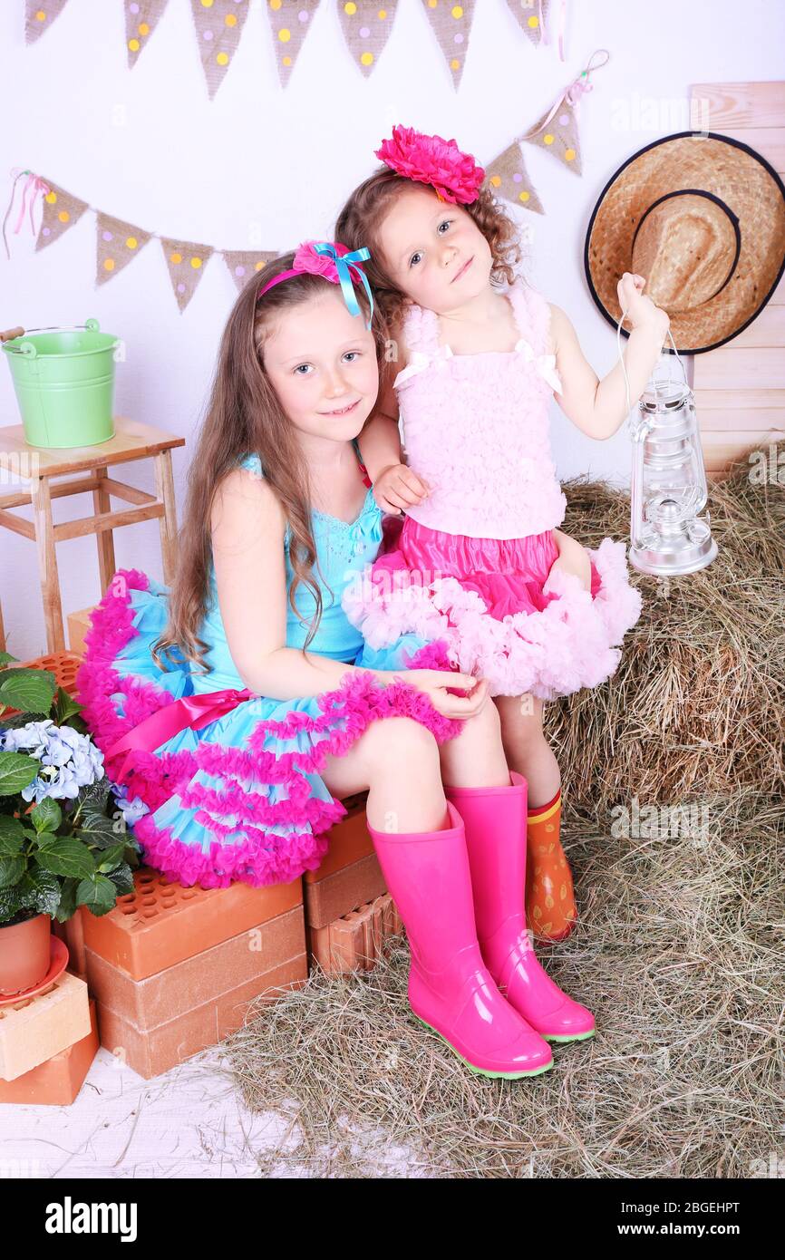 Beautiful small girls in petty skirts on country style background Stock Photo