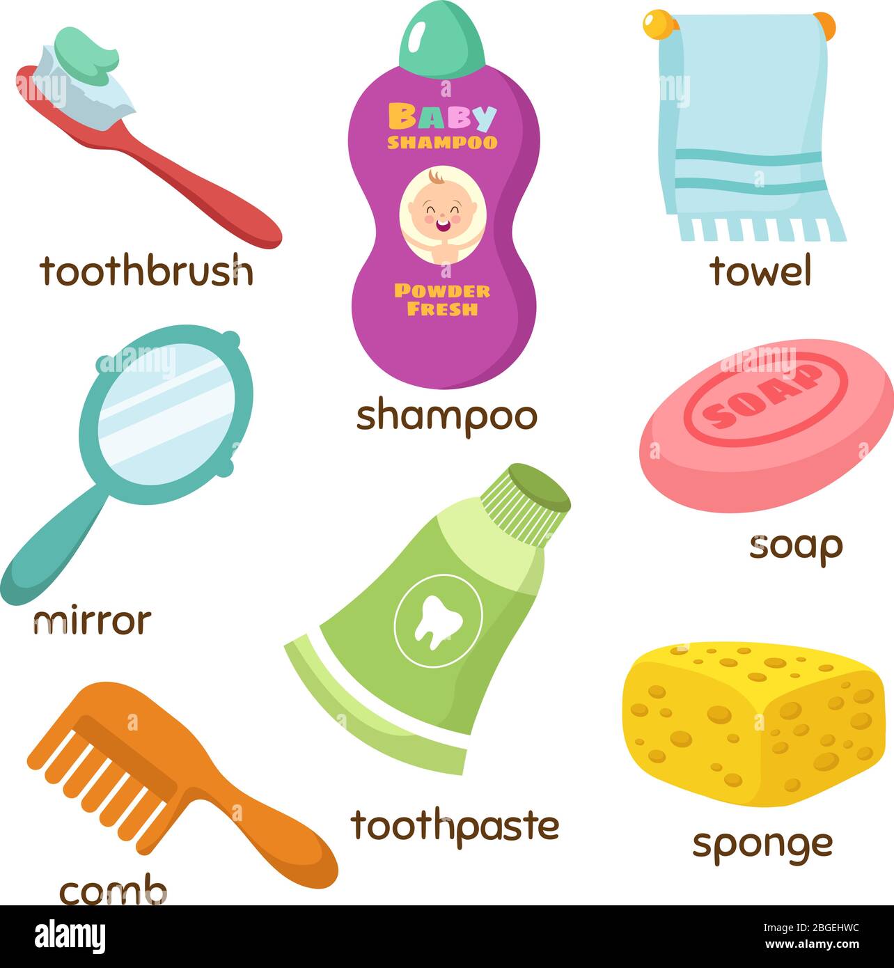 Cartoon bathroom accessories vocabulary vector icons. Mirror, towel, sponge, toothbrush and soap