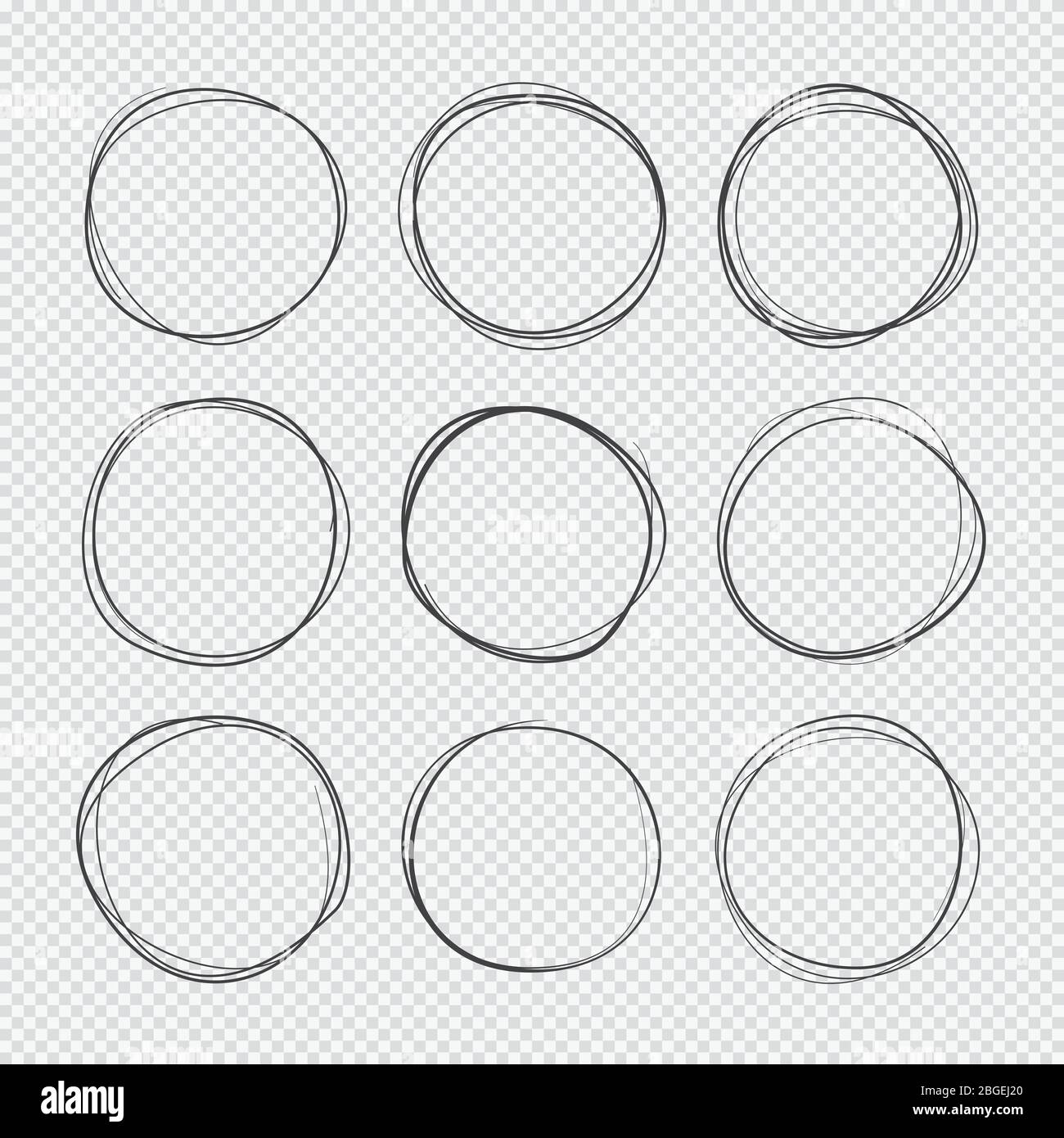 Doodle sketched circles. Hand drawn scribble rings isolated vector set. Doodle circle ring scribble and sketch, circular and round scratch stroke illustration Stock Vector
