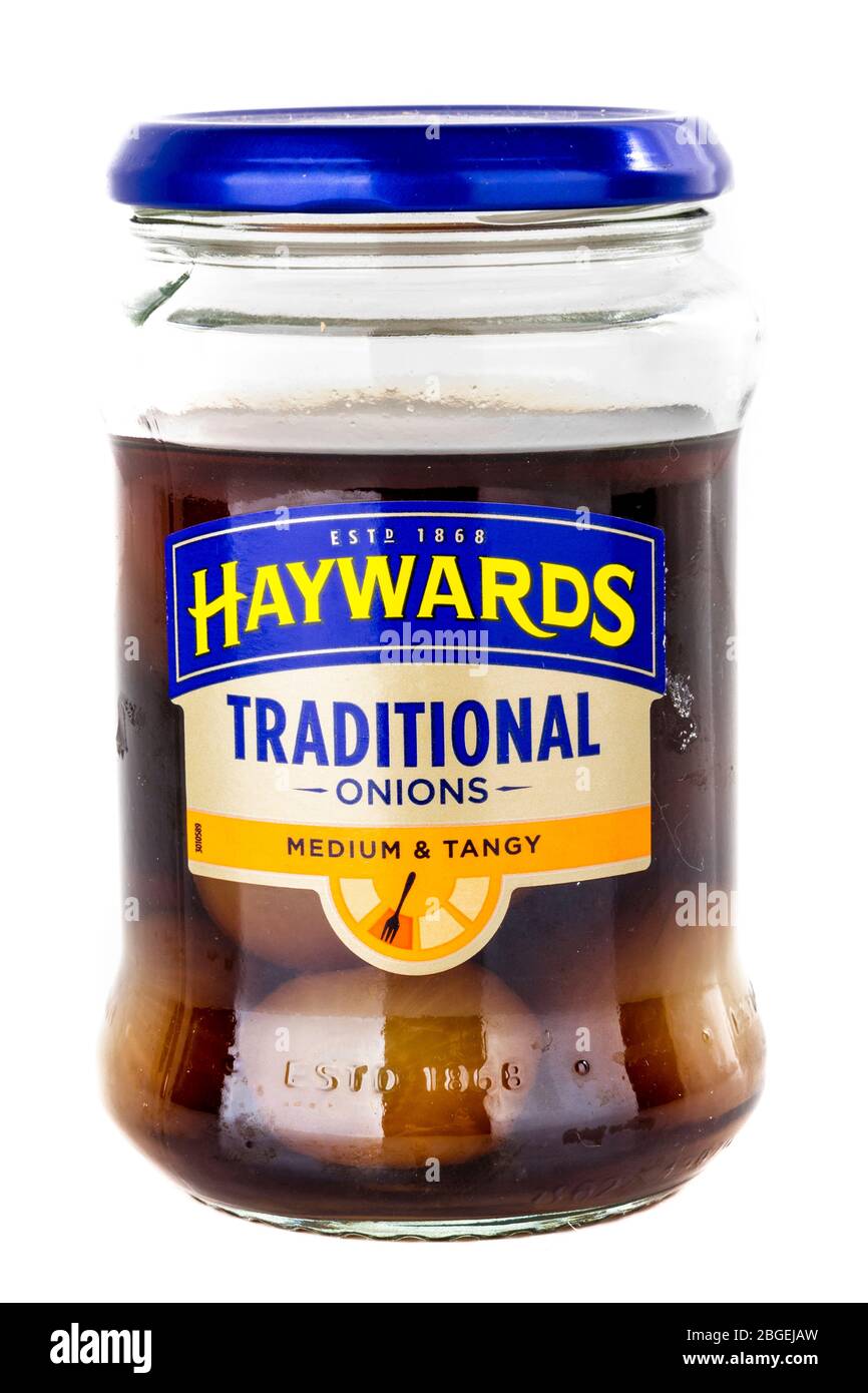 Pickled onions haywards jar logo product traditional pickle pickles food cutout white background copy space isolated, Haywards pickled onions, jar, Stock Photo