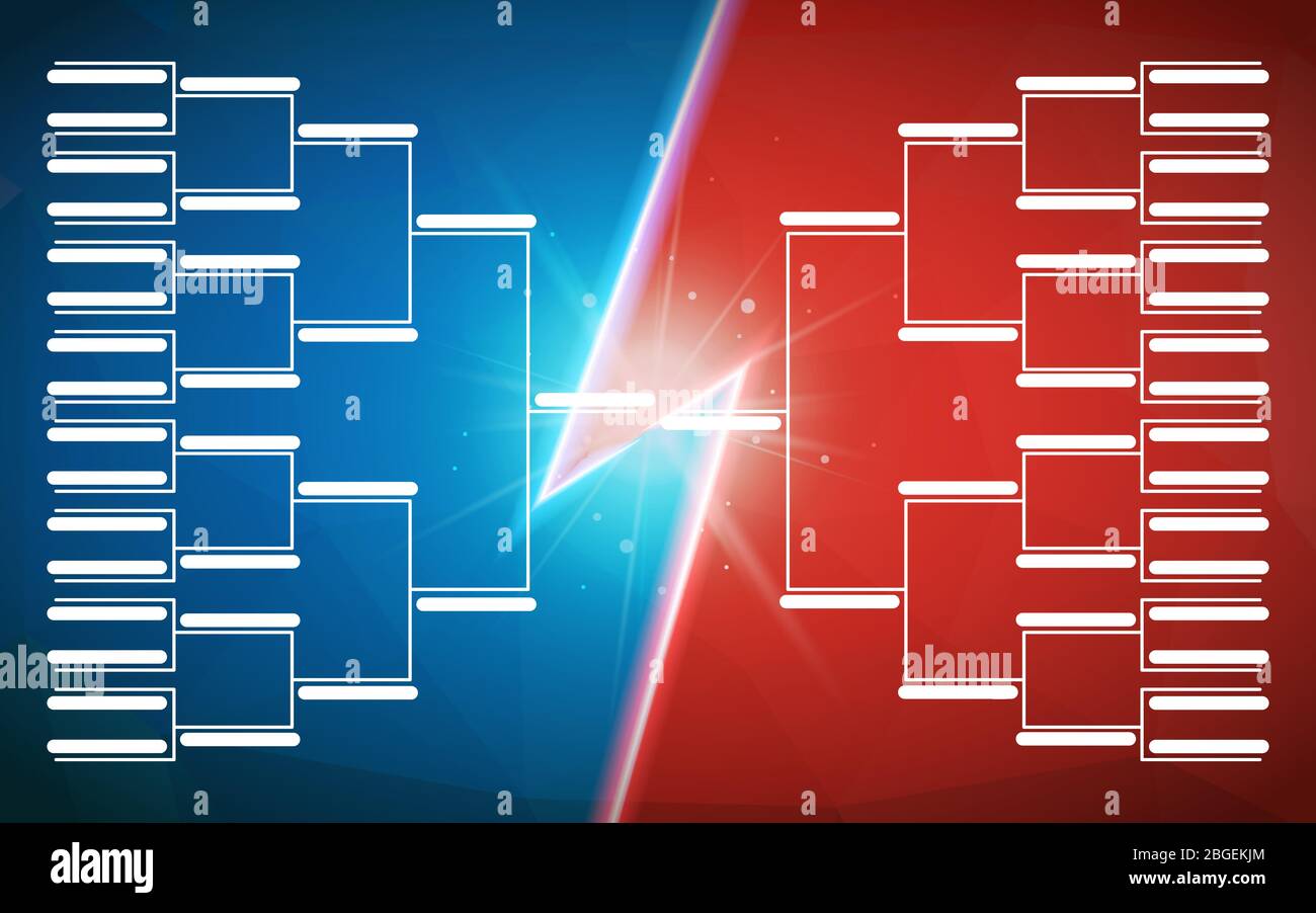 Tournament bracket template for 32 teams on blue and red background