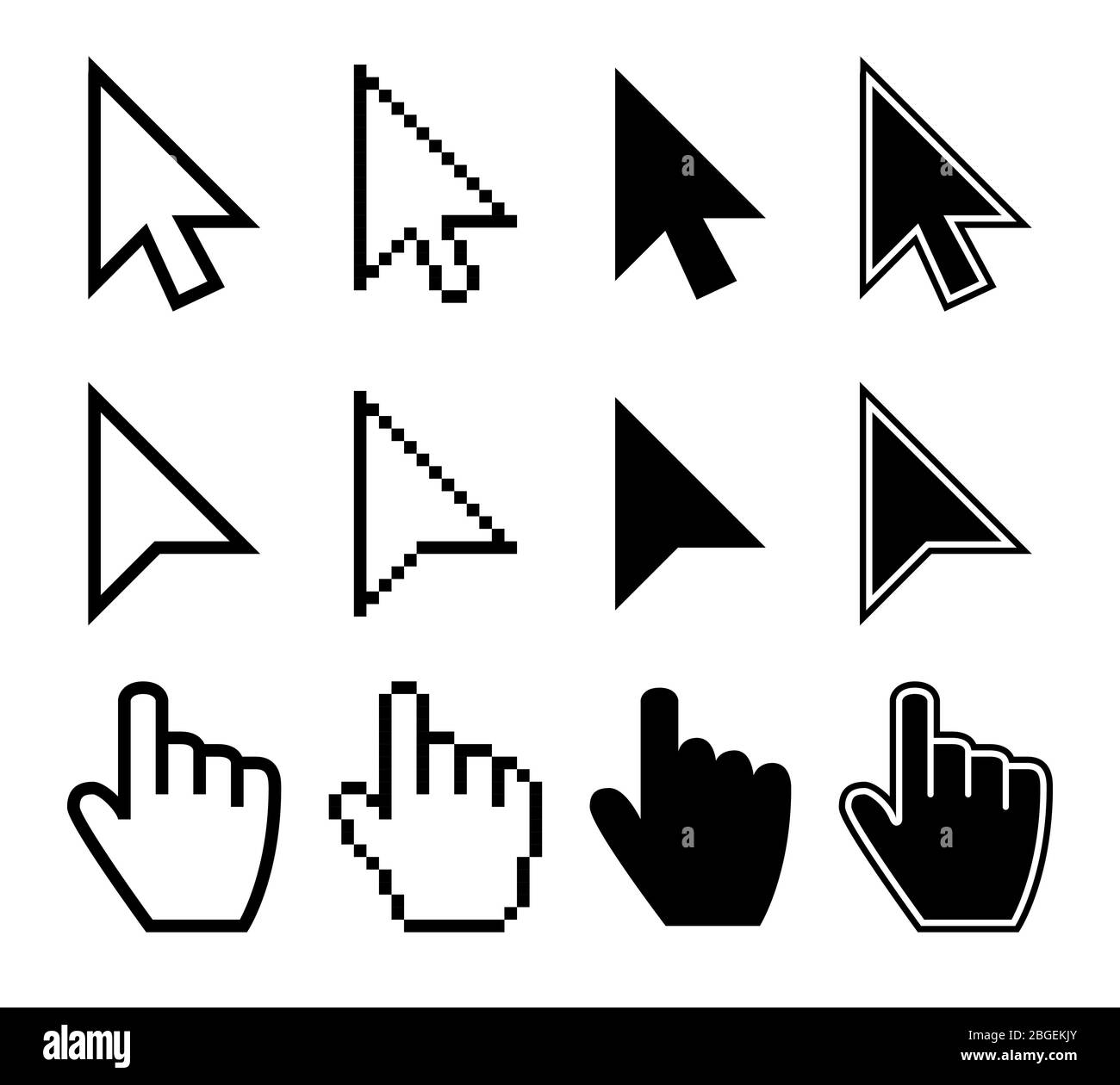 Clicking mouse cursors, computer finger pointers vector set. Mouse pointer finger, cursor arrow hand illustration Stock Vector
