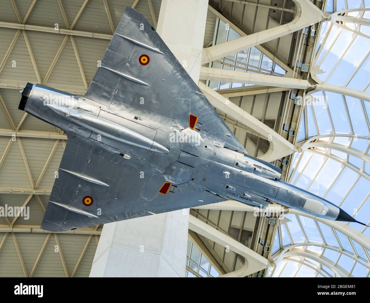 Spanish Air Force Dassault Mirage III EE jet exhibit at the Museum of Arts and Sciences Valencia or Príncipe Felipe Science Museum Valencia. Stock Photo