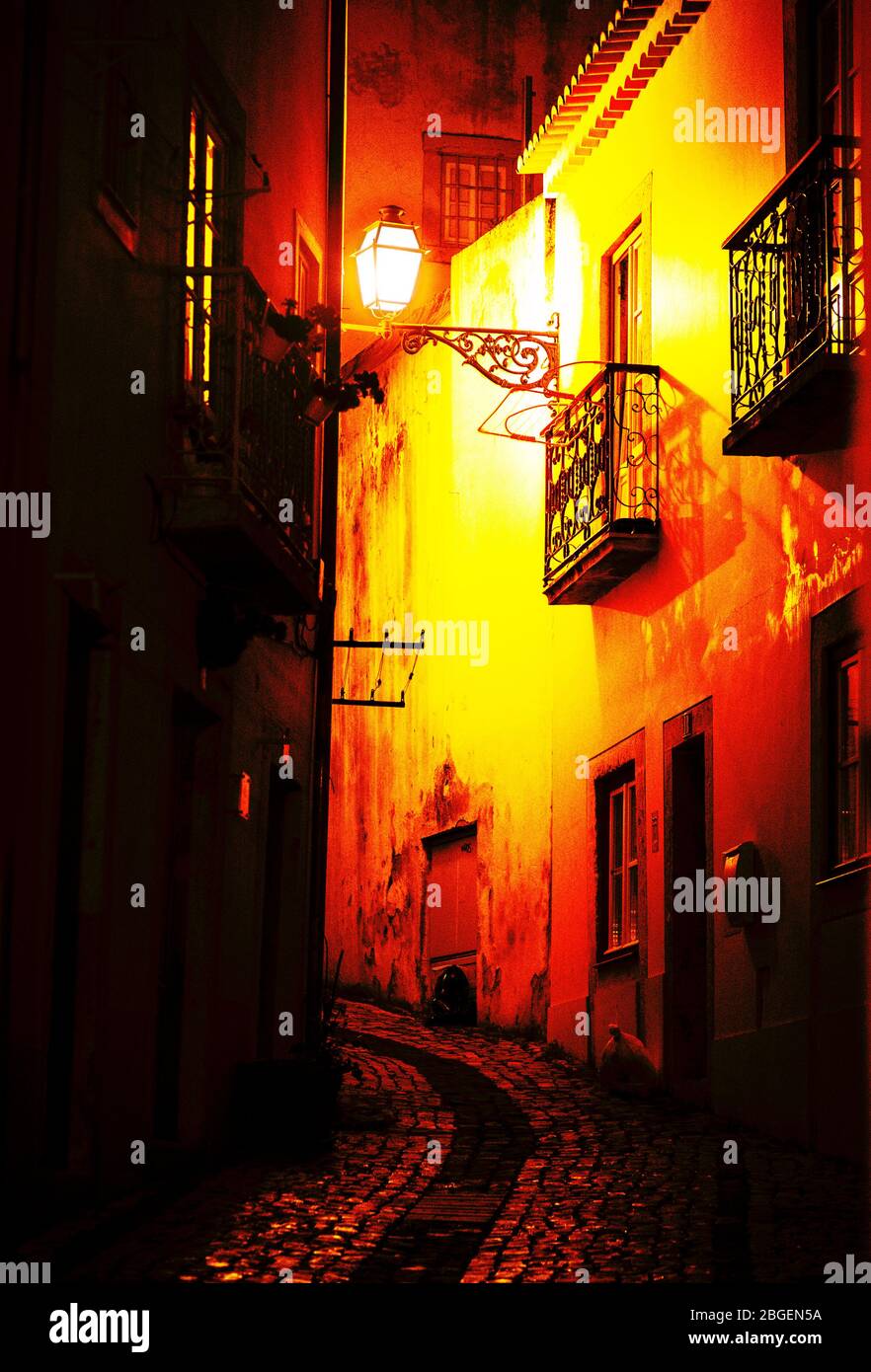 Alley in Lisbon at night Stock Photo