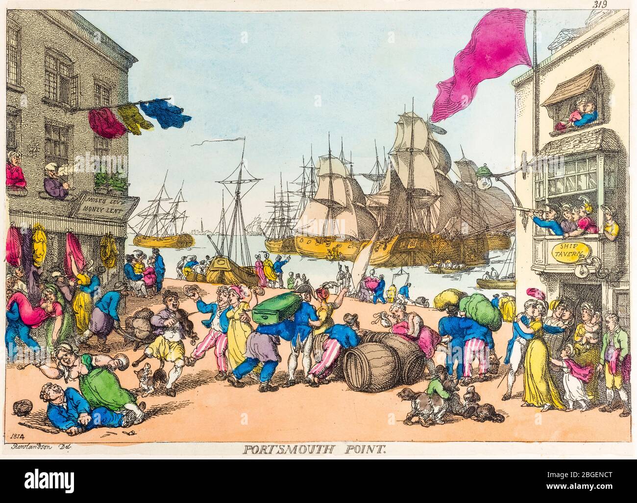 Thomas Rowlandson, Portsmouth Point, (Portsmouth Harbour), etching 1814 Stock Photo