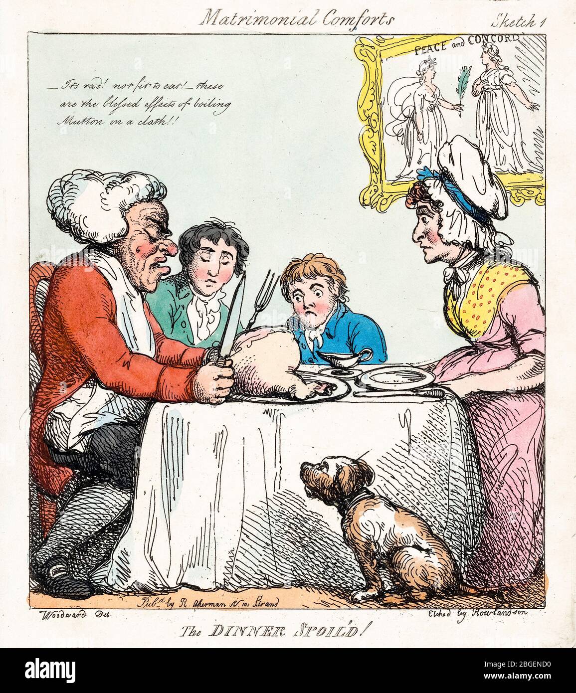 Thomas Rowlandson, The Dinner Spoil'd!, (Matrimonial Comforts), etching, 1800 Stock Photo