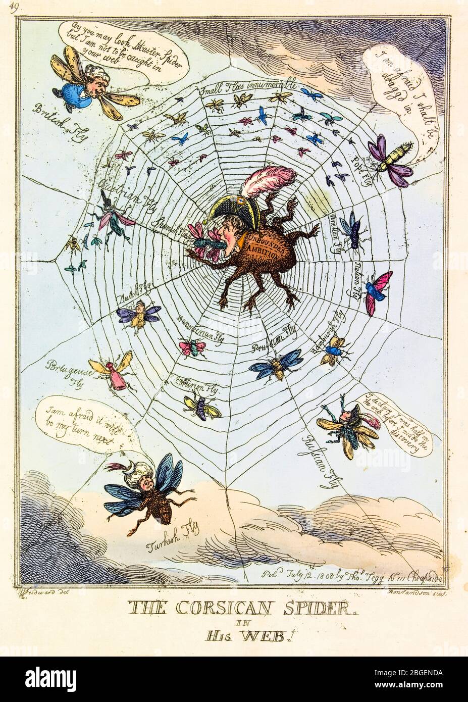 The Corsican Spider in His Web!, (Napoleon Bonaparte), etching by Thomas Rowlandson, 1808 Stock Photo