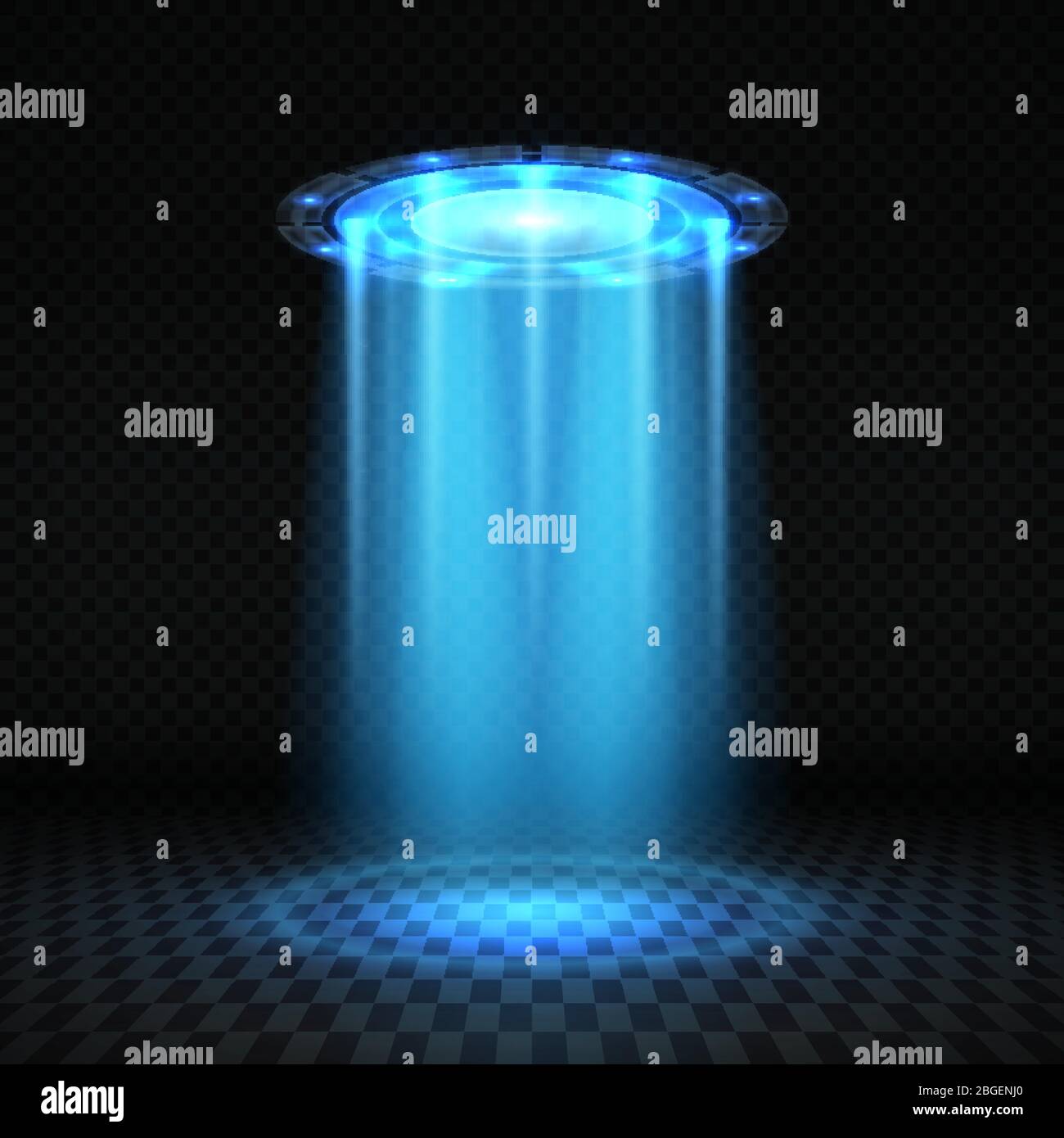Ufo blue light beam, futuristic alien spaceship isolated vector illustration. Ufo futuristic, spaceship gravity disc Stock Vector