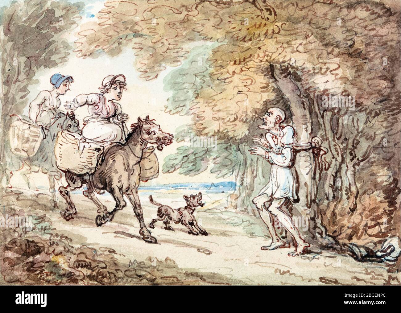 Thomas Rowlandson, Dr Syntax Bound to a Tree by Highwaymen, drawing, 1820 Stock Photo