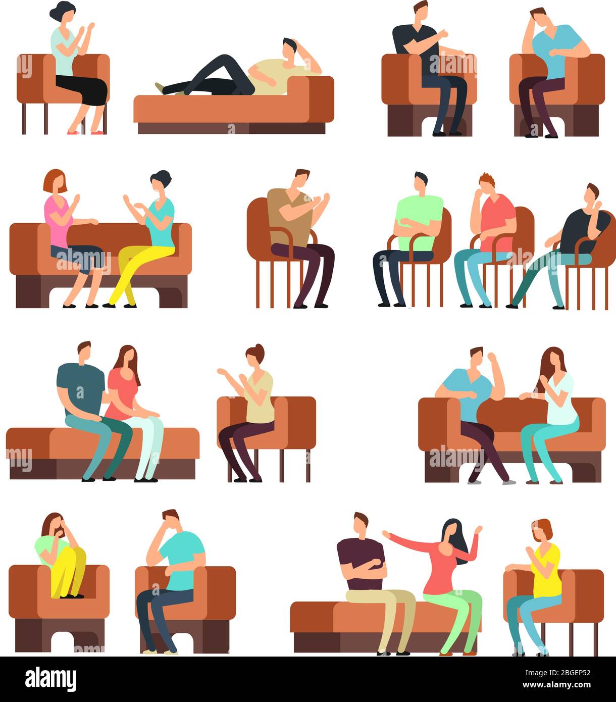 Patients and psychologist. Psychotherapy support. Stressed people meeting psychiatrist vector set. Therapy and session psychology illustration Stock Vector