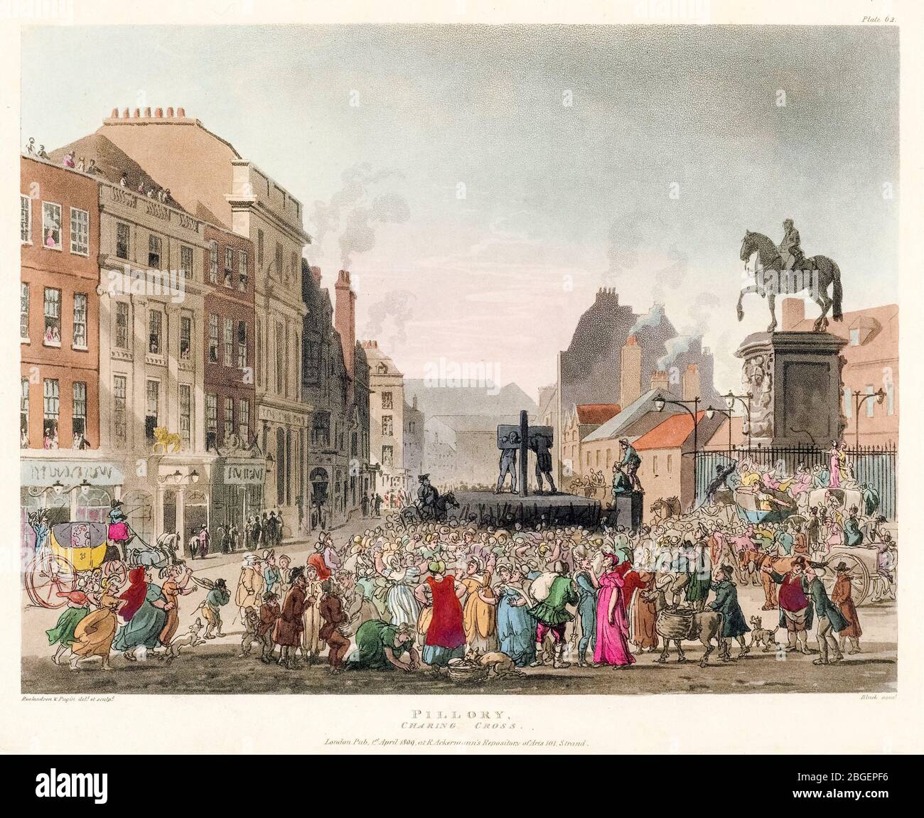 Thomas Rowlandson & Augustus Charles Pugin, 'Pillory', Charing Cross, (public stocks), etching, 1808-1810 Stock Photo