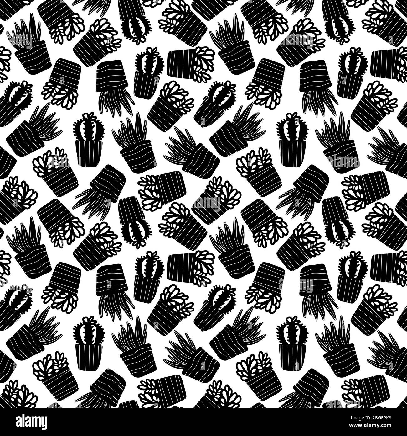 Black and white seamless pattern with potted plants cactuses and ...