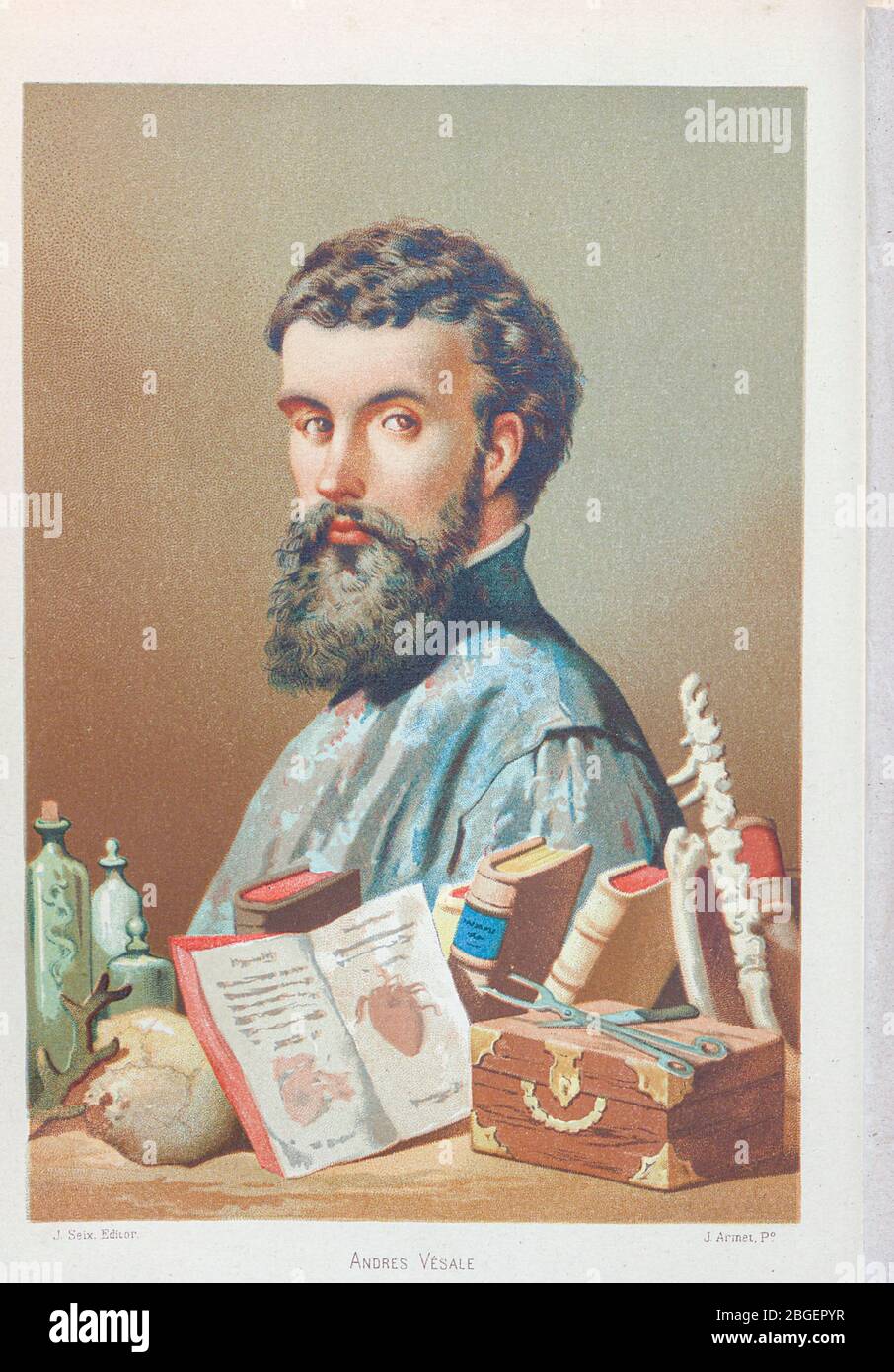Andreas Vesalius [Andres Vesale] (31 December 1514 – 15 October 1564) was a 16th-century Flemish anatomist, physician, and author of one of the most influential books on human anatomy, De Humani Corporis Fabrica Libri Septem (On the Fabric of the Human Body). Vesalius is often referred to as the founder of modern human anatomy. Andreas Vesalius is the Latinized form of the Dutch Andries van Wesel. From the book La ciencia y sus hombres : vidas de los sabios ilustres desde la antigüedad hasta el siglo XIX T. 2  [Science and its men: lives of the illustrious sages from antiquity to the 19th cent Stock Photo