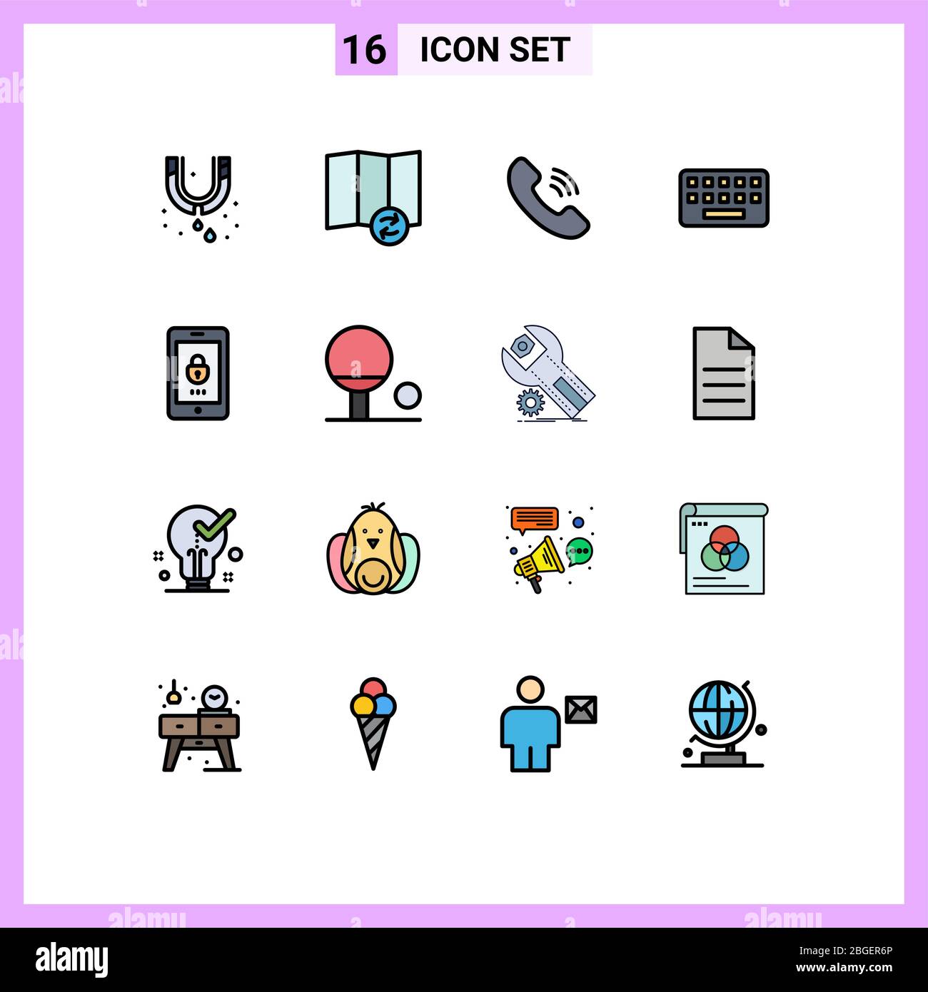 Universal Icon Symbols Group of 16 Modern Flat Color Filled Lines of ...