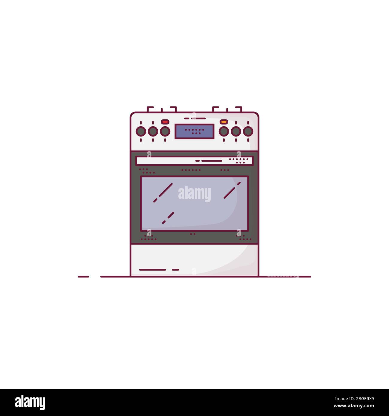 Kitchen modern stove. Gas or electric stove with oven. White oven with knob wheels and glass door. Outline vector image. House kitchenware line style Stock Vector