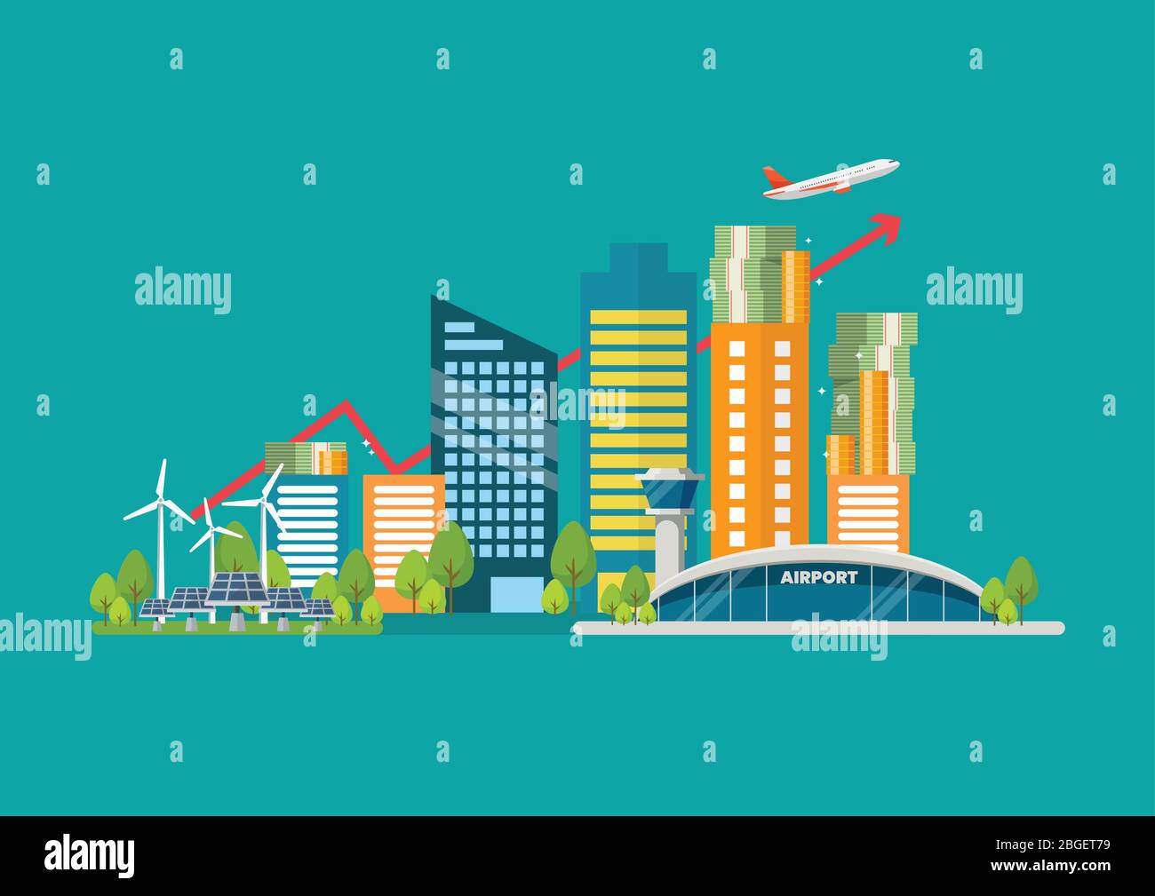 Cityscape in flat style with graph up and money. Vector illustration Stock Vector