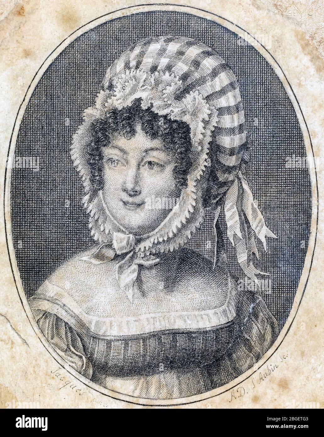 Head of a Woman Wearing a Striped Bonnet, engraving by Saint-Aubin (French, 1736-1807) Stock Photo