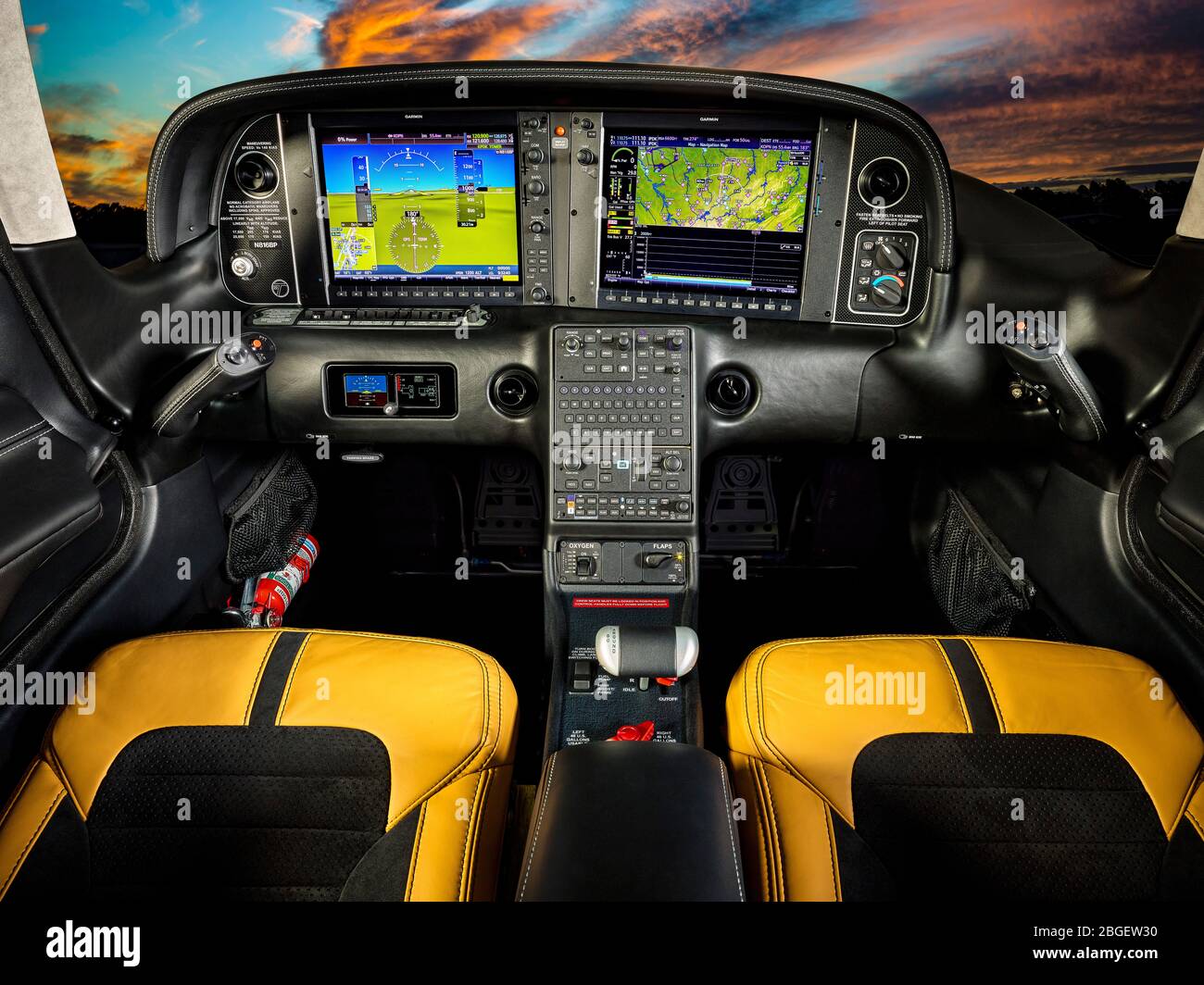 Panel of a Cirrus G6 SR22T-GTS, featuring Garmin avionics. Stock Photo