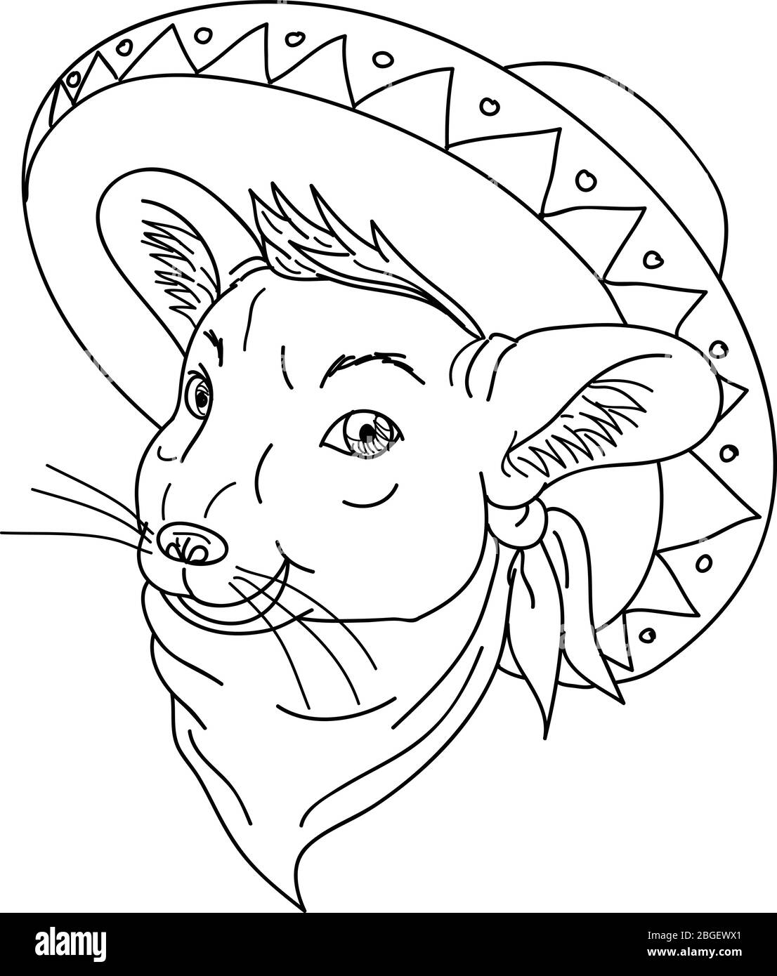 Cartoon style illustration of a Mexican chinchilla wearing a sombrero and bandana on isolated background done in black and white. Stock Vector