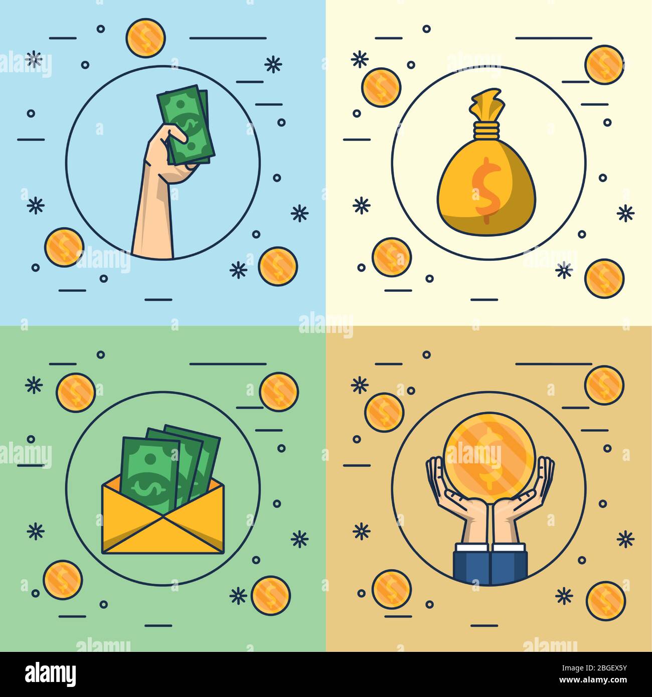 hands human with coins and bills dollars Stock Vector