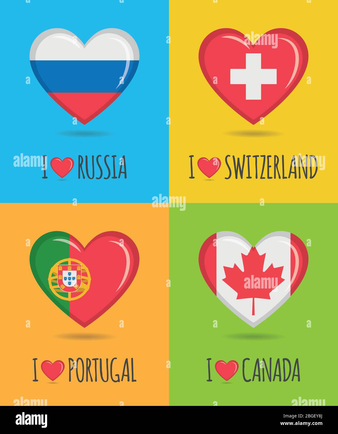 Loving and colorful posters of Russia, Switzerland, Portugal and Canada with heart shaped national flag and text Vector illustration Stock Vector