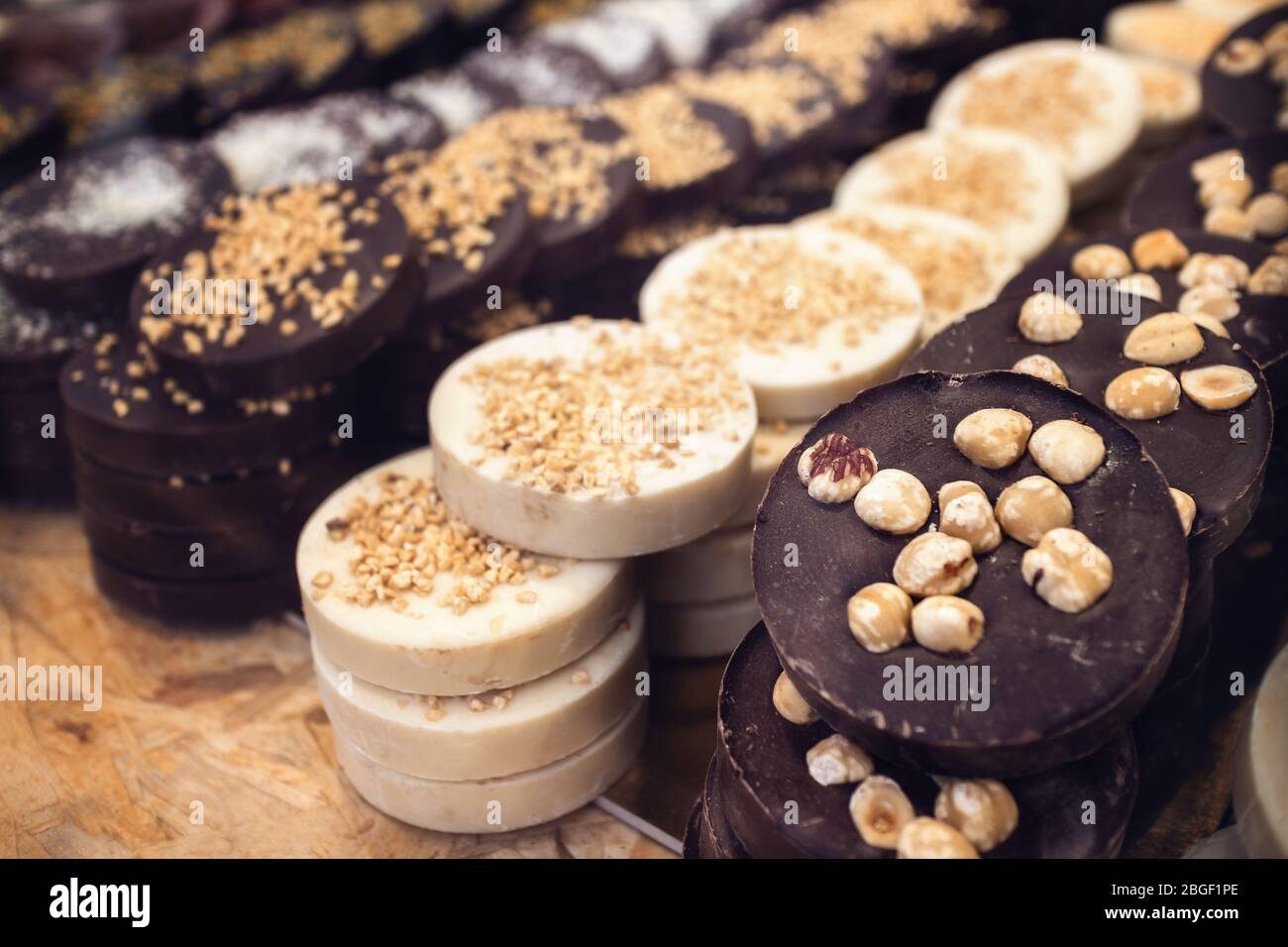 Traditional hazelnut chocolate from Piedmont, Italy, on a market stall in Turin Stock Photo