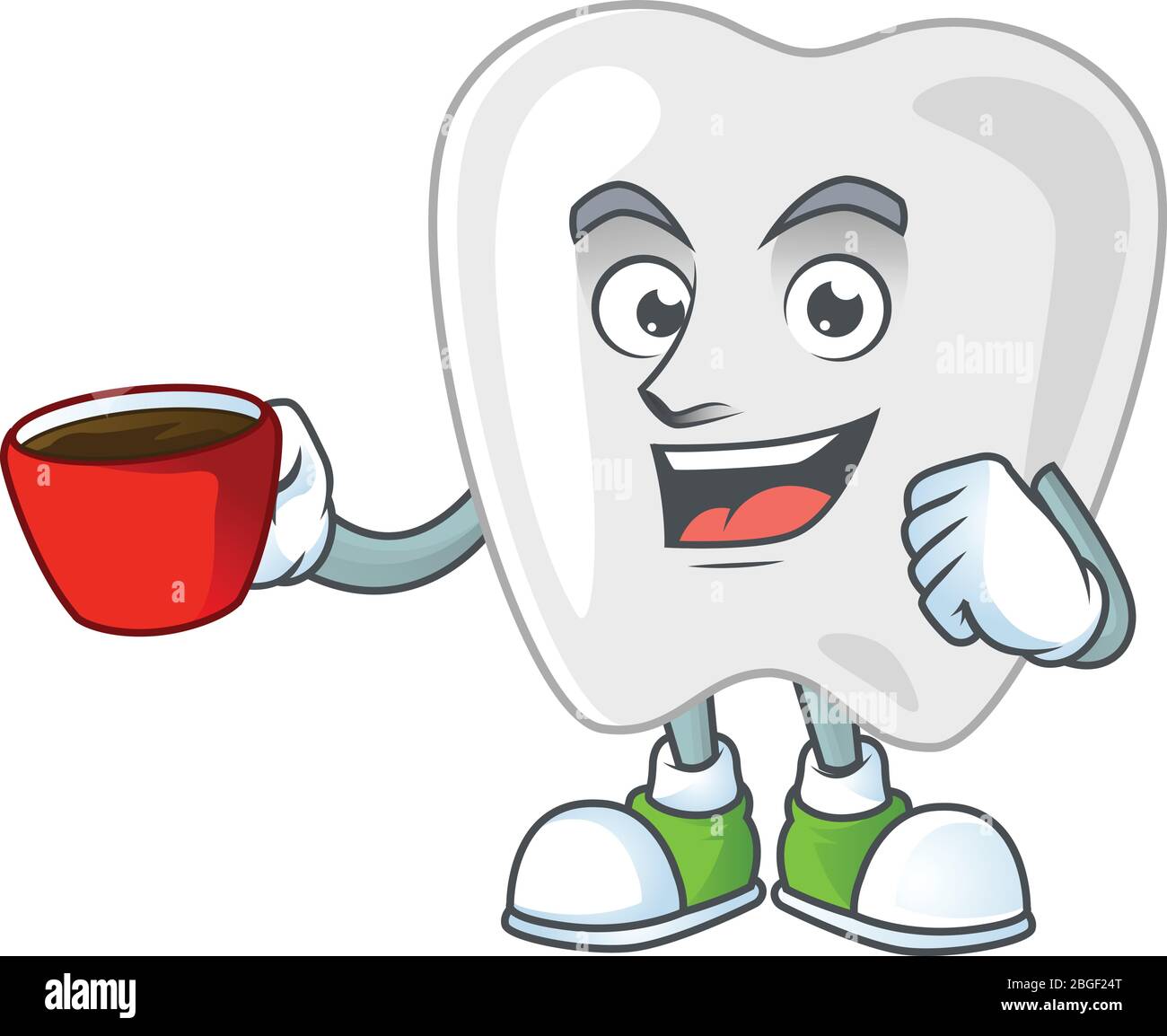 An image cartoon character of teeth with a cup of coffee Stock Vector