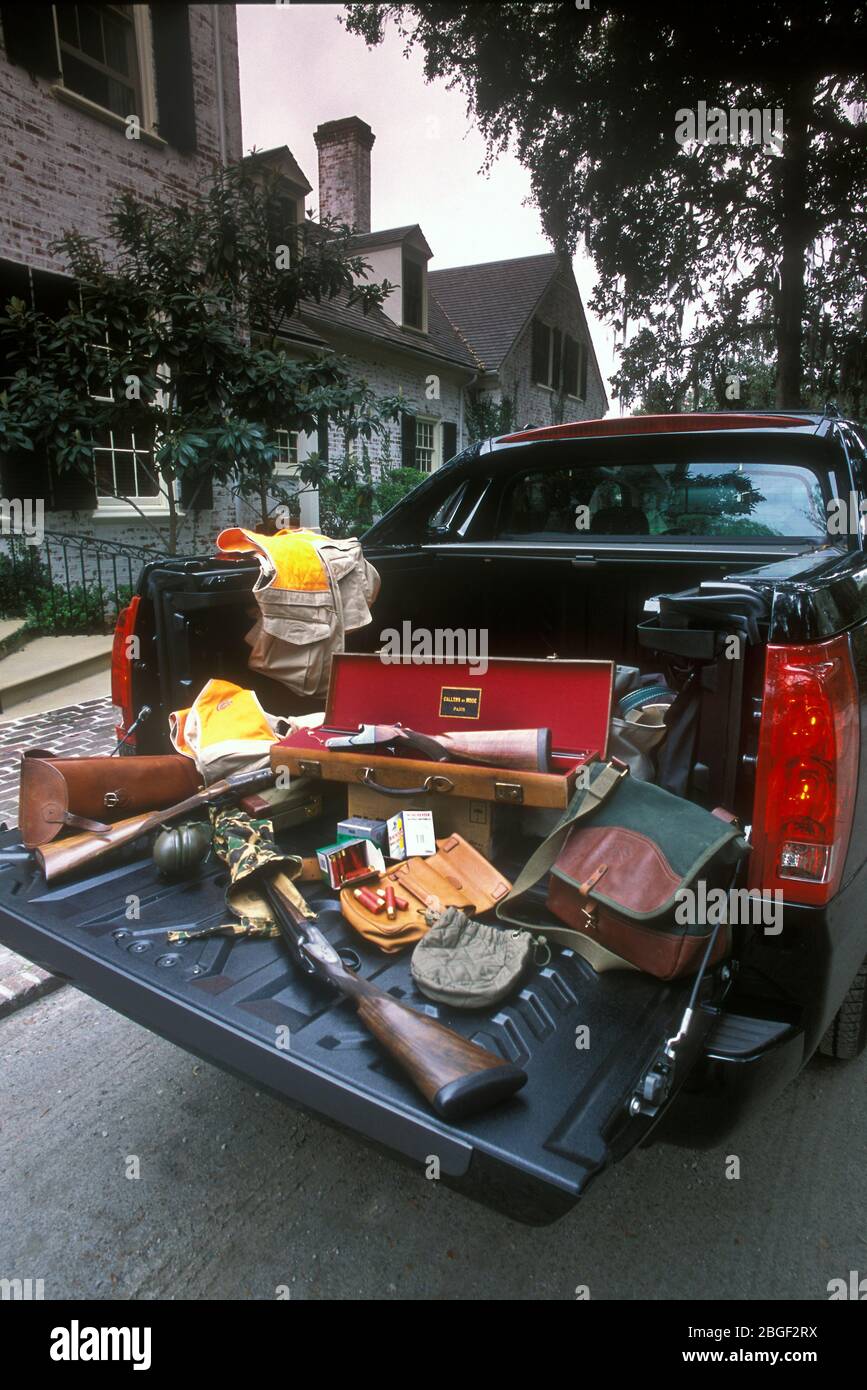 Shooting gear in the back of a pick up truck to be used on a Quail shoot at Bray's Island Plantation Sheldon South Carolina USA 2002 Stock Photo